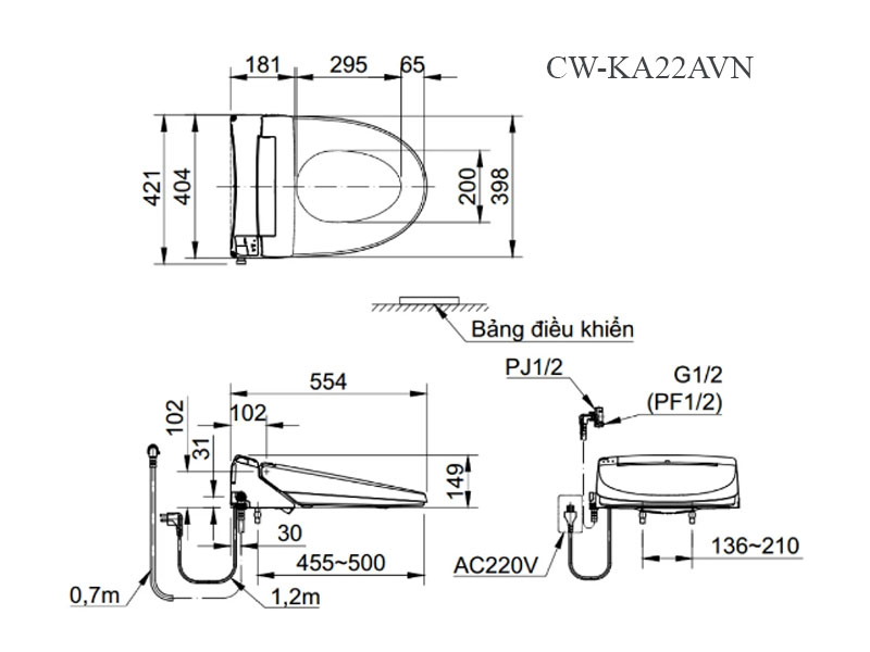 Chi tiết bản vẽ kỹ thuật nắp bồn cầu thông minh Inax CW-KA22AVN