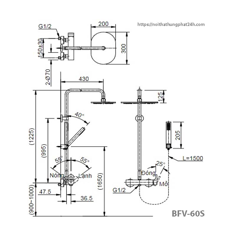 Bản vẽ kỹ thuật cây sen tắm nóng lạnh Inax BFV-60S