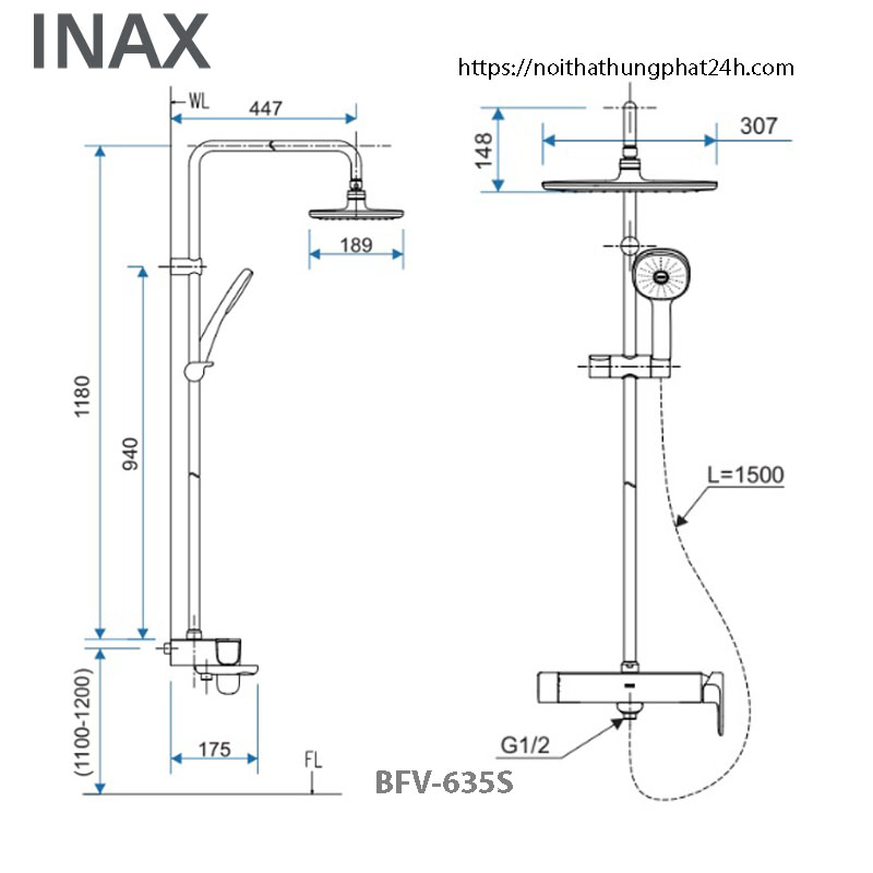 Bản vẽ sen cây tắm Inax Bfv-635s