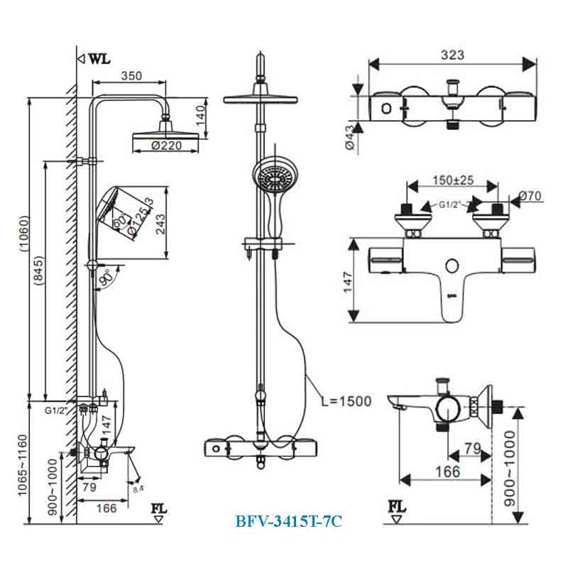 ​​​​​​​​​​​​Bản vẽ vòi sen cây nhiệt độ Inax BFV-3415T-7C