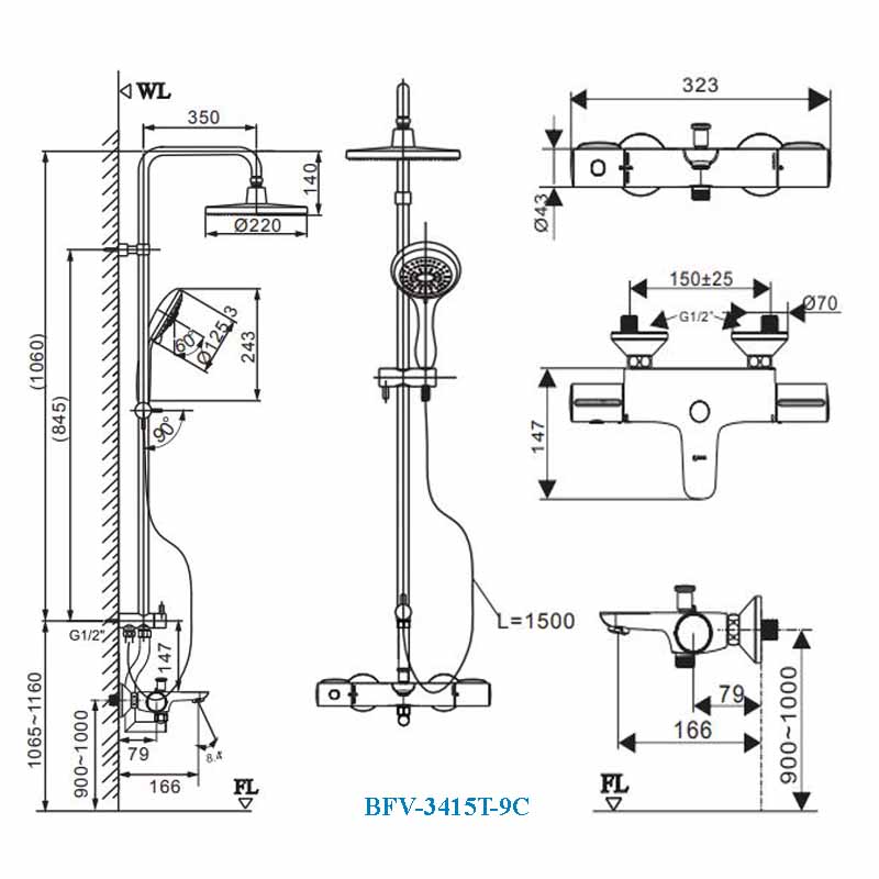Bản vẽ vòi sen tắm cây Inax BFV-3415T-9C nhiệt độ