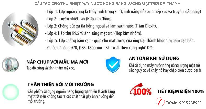 Ống thủy tinh chân không máy nước nóng năng lượng mặt trời Đại Thành 5 lớp, giúp hấp thu nhiệt tốt