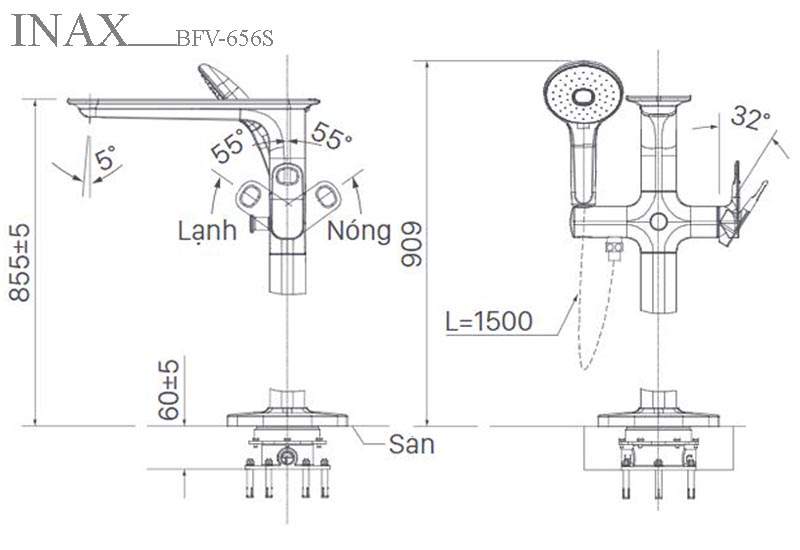 Bản vẽ sen tắm nóng lạnh bồn tắm đặt sàn Inax BFV-656S