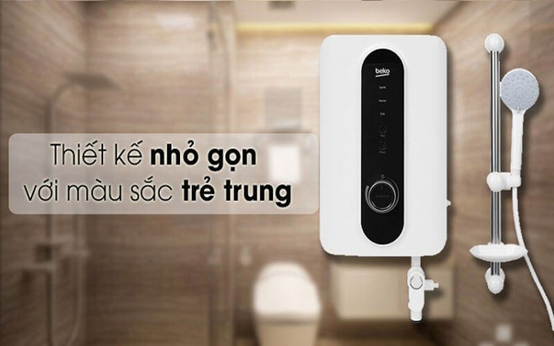 Máy nước nóng Beko nổi bật với thiết kế nhỏ gọn, hiện đại, phối màu đen – trắng sang trọng phù hợp với nhiều không gian phòng tắm