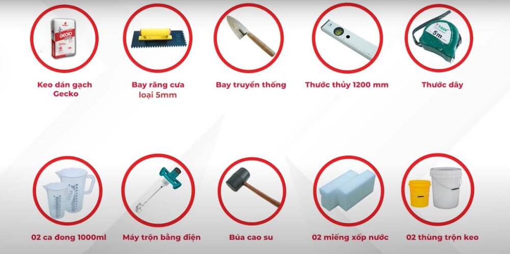 Dụng cụ và nguyên vật liệu phụ kiện để sử dụng ốp lát