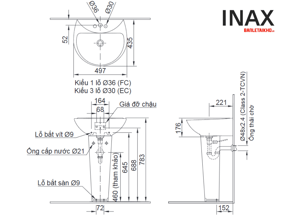 Chậu rửa mặt lavabo treo tường Inax L‑285V và chân dài Inax L‑288VD