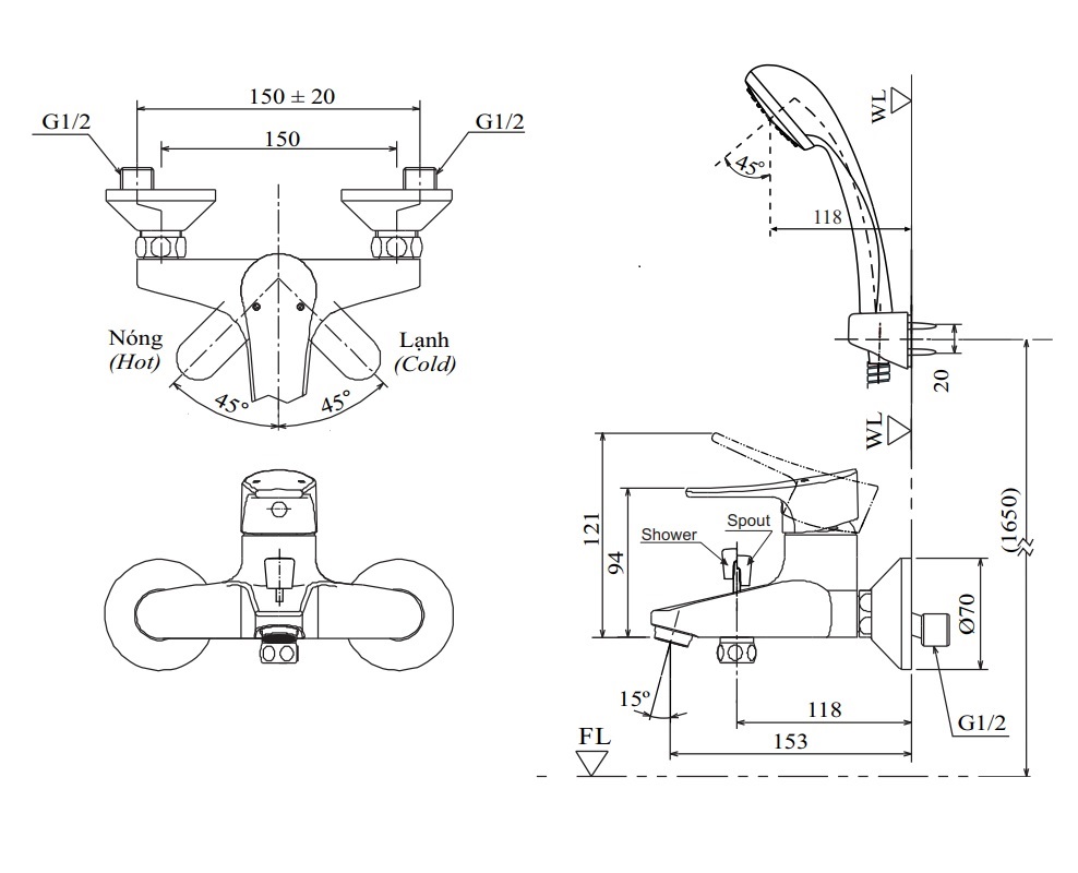 Củ sen tắm nóng lạnh Inax BFV-1003S-1C