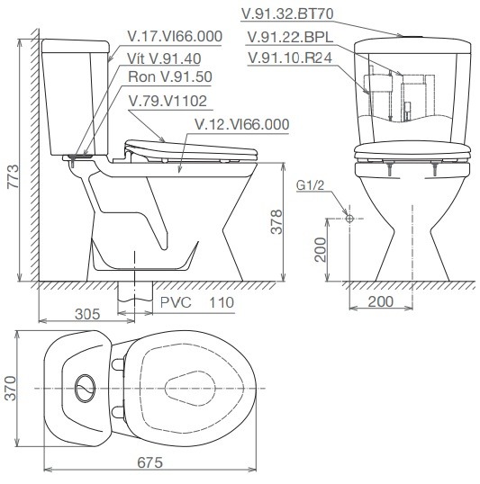 Bồn cầu 2 khối xả 2 nút nhấn Viglacera VI6