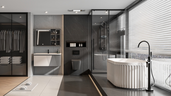 Bồn cầu xám treo tường kết hợp trong không gian phòng tắm gam màu trung tính sẽ tạo ra điểm nhấn đầy thu hút và thời thượng