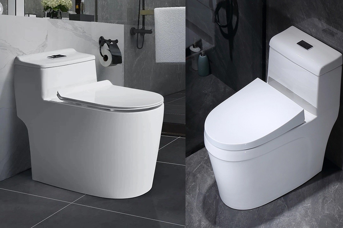 So sánh giữa bồn cầu màu xám và trắng (2 ảnh đều màu trắng nên thay đổi 1 anhe màu xám vào)