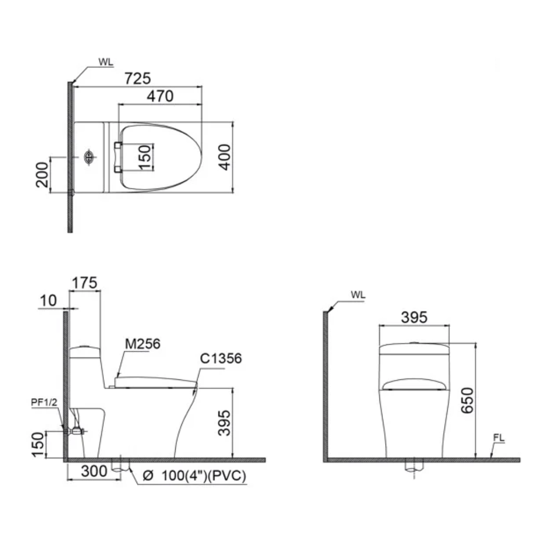 , bồn cầu 1 khối Caesar CD1356 kết hợp nắp cơ TAF050