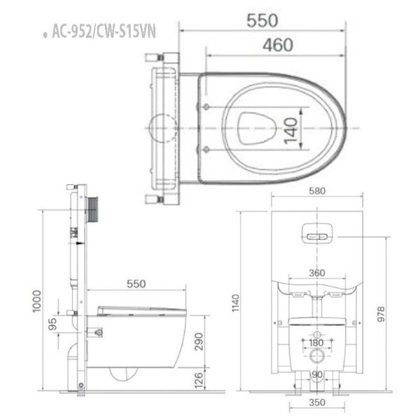 Bản vẽ chi tiết về kích thước của bồn cầu AC-952/CW-S15VN