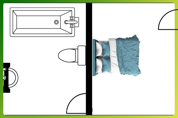 Không nên để bồn cầu nằm ngay phía sau tường đối diện đầu giường vì mùi từ nhà vệ sinh lan sang phòng ngủ gây mất ngủ hoặc ảnh hưởng sức khỏe lâu dài