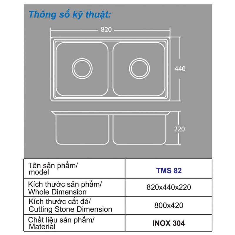 ​​​​​​​Bản vẽ kỹ thuật chậu rửa chén inox cao cấp Toàn Mỹ TMS 82
