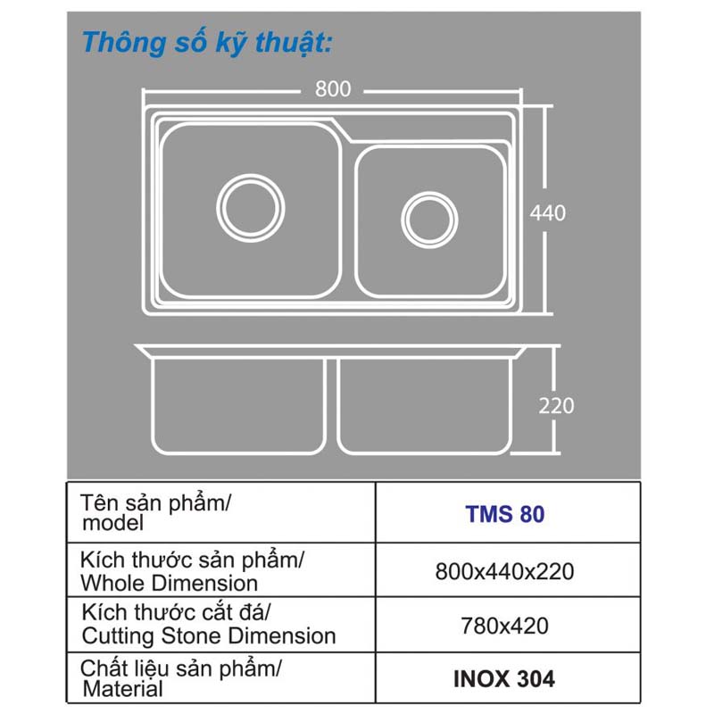 Bản vẽ chậu rửa chén inox cao cấp Toàn Mỹ TMS 80