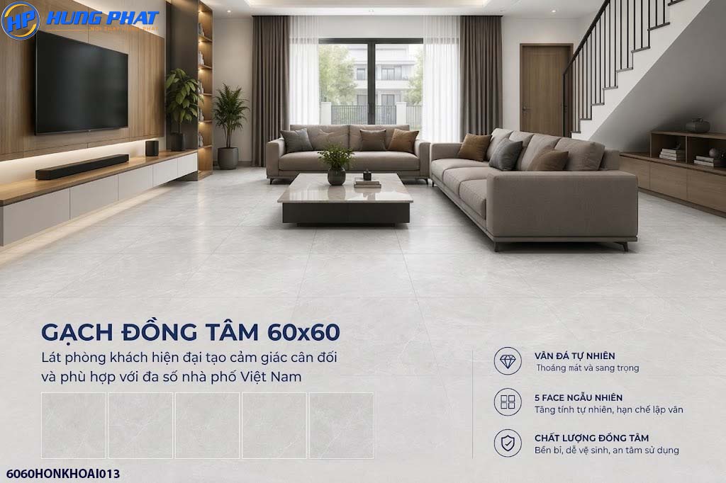 gạch Đồng Tâm 60x60 lát phòng khách nhà phố đẹp hiện đại