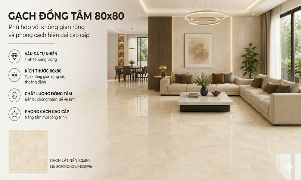 gạch Đồng Tâm 80x80 lát nền phòng khách sang trọng hiện đại
