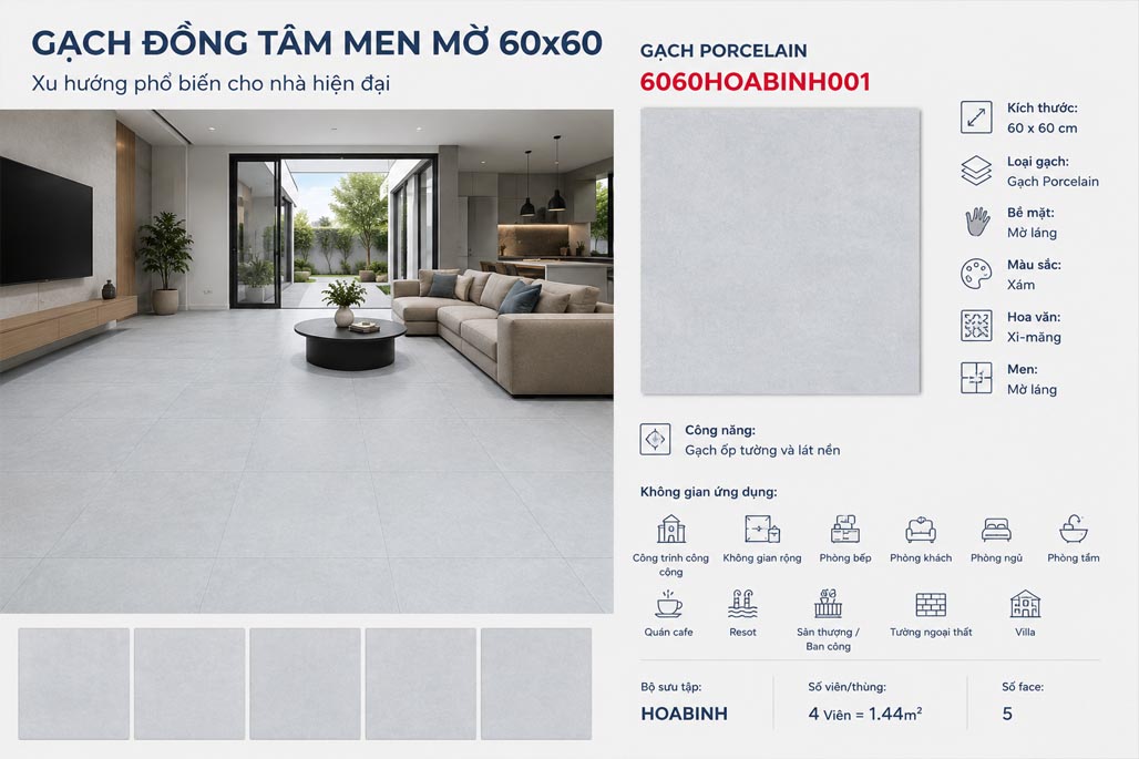 gạch Đồng Tâm men mờ 60x60 hiện đại cho nhà phố