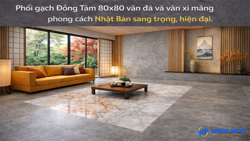 Phối gạch Đồng Tâm 80x80 vân đá và vân xi măng cho không gian mở