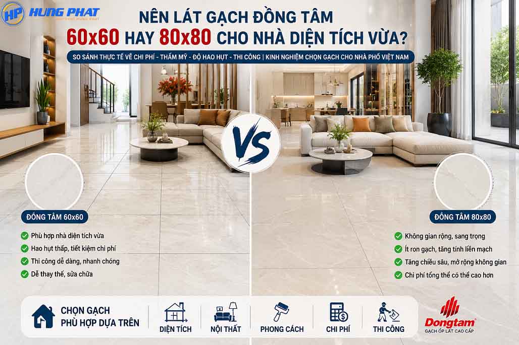 So sánh gạch Đồng Tâm 60x60 và 80x80 cho nhà phố hiện đại