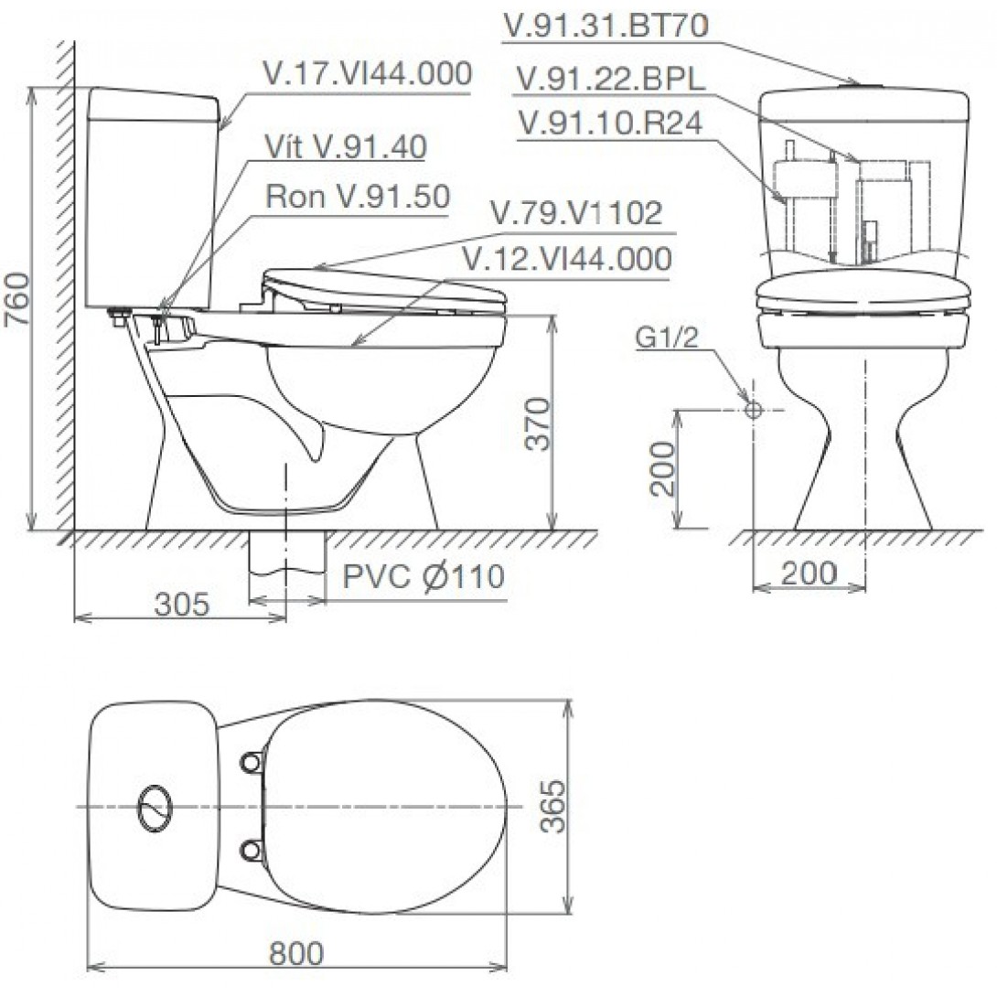 Bồn cầu 2 khối xả 2 nút nhấn Viglacera VI88