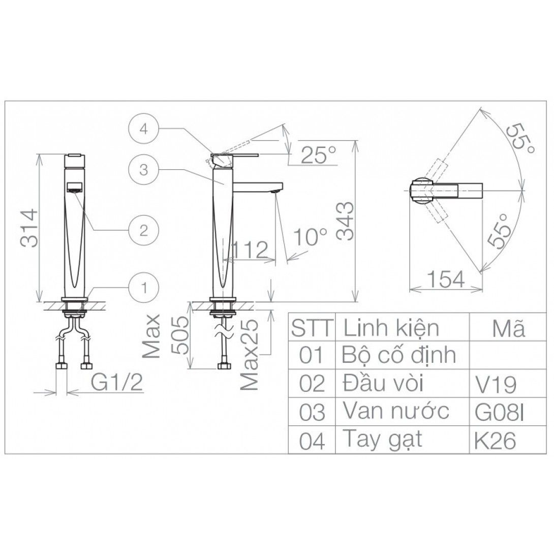 Vòi lavabo nóng lạnh cổ cao Viglacera VG126