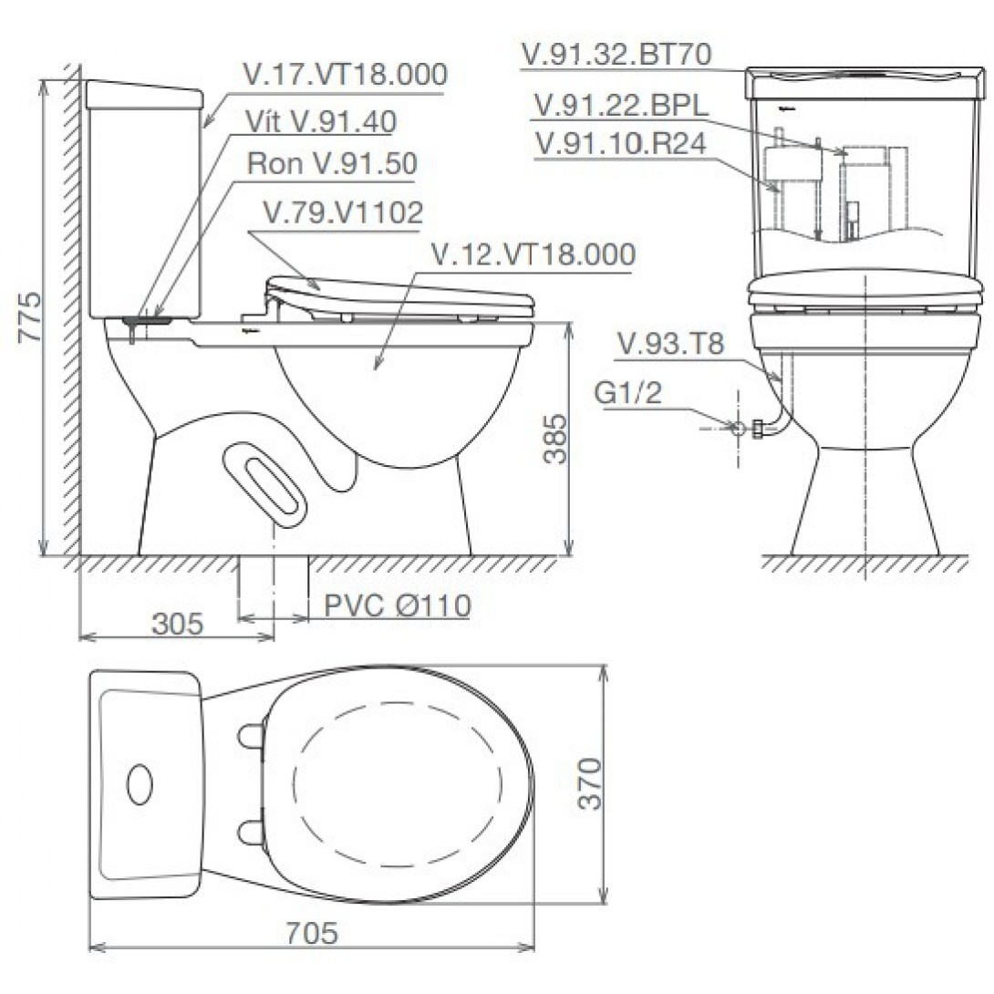 Bồn cầu 2 khối xả 2 nút nhấn Viglacera VT18M